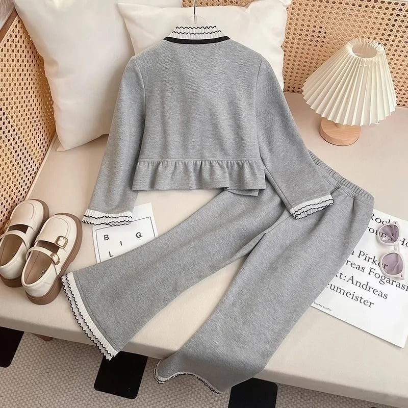 Bow Top and Bell-bottom Pants Coat Autumn Winter Suit for Girls Girls' Clothes Set Fashion Children's Clothing Girl Setup Outfit