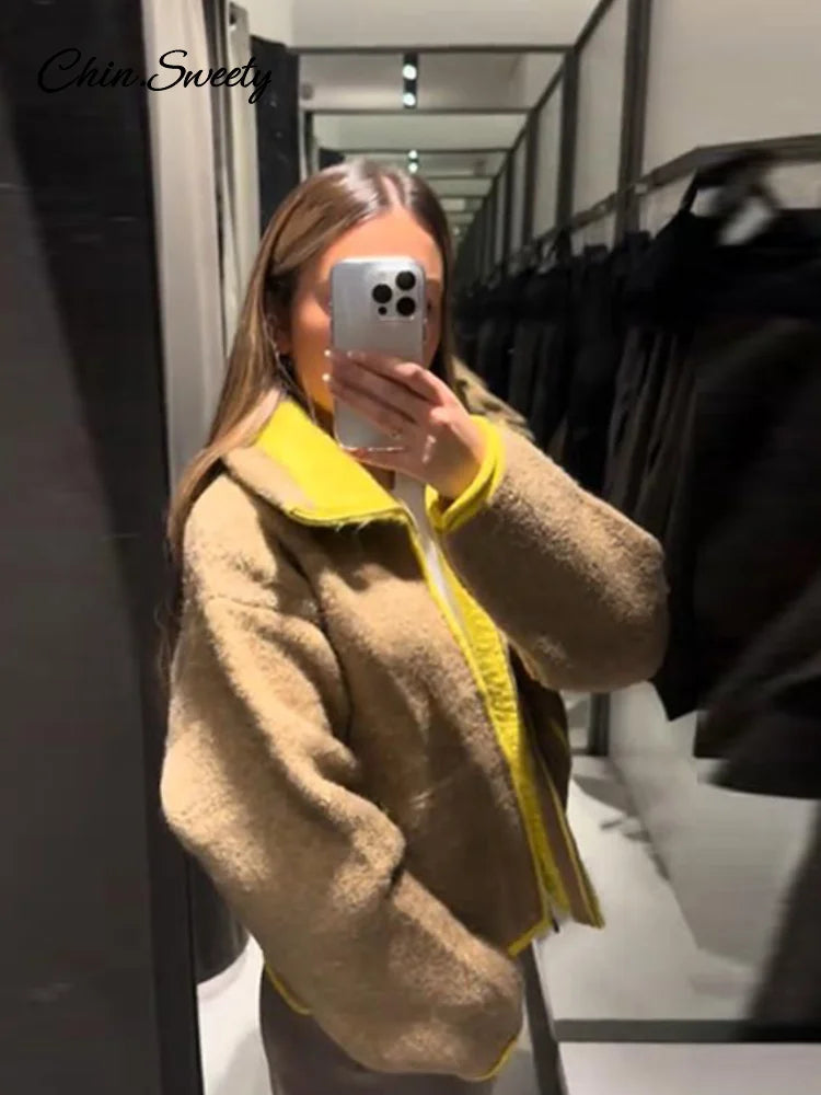 Fashion Contrast Stand Neck Jacket Women Zipper Pocket Full Sleeve Bomber Jackets Lady New Autumn Winter Casual Street Outwear