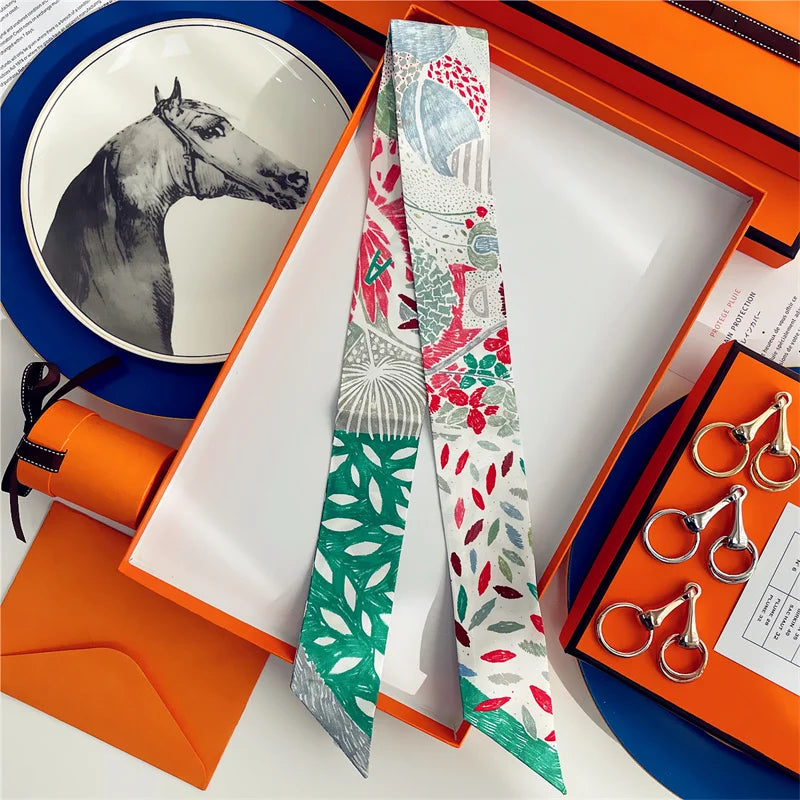 100% Silk High Quality Luxury Brand Scarf Women Headband Hair Band Foulard Tie Ribbon Neckerchief Skinny Scarves Accessories