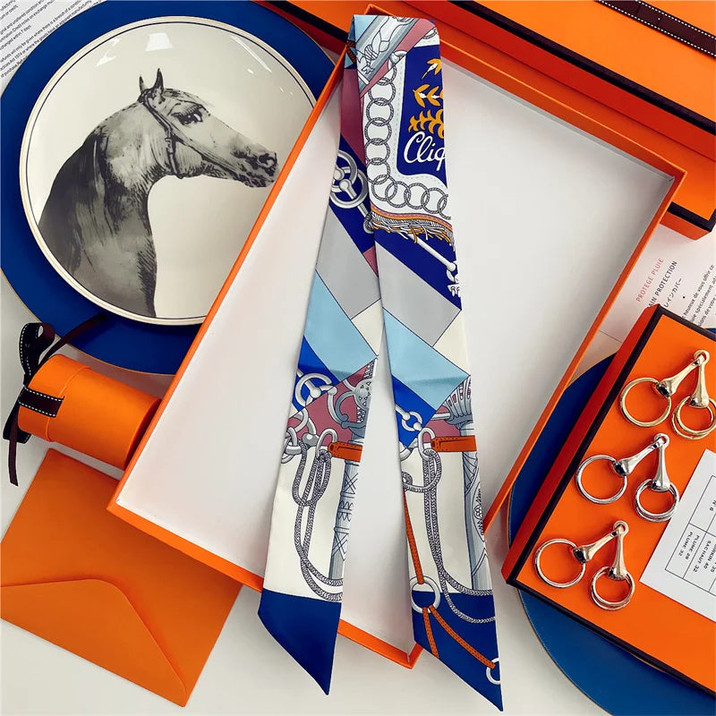 100% Silk High Quality Luxury Brand Scarf Women Headband Hair Band Foulard Tie Ribbon Neckerchief Skinny Scarves Accessories