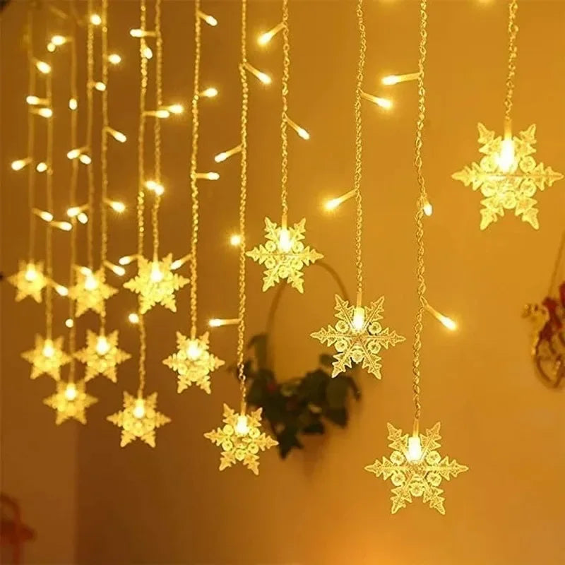 3.2M Christmas Snowflake Curtain Lights - LED Flashing Fairy String Lights, Waterproof for Holiday Party Wedding Xmas Tree Decor