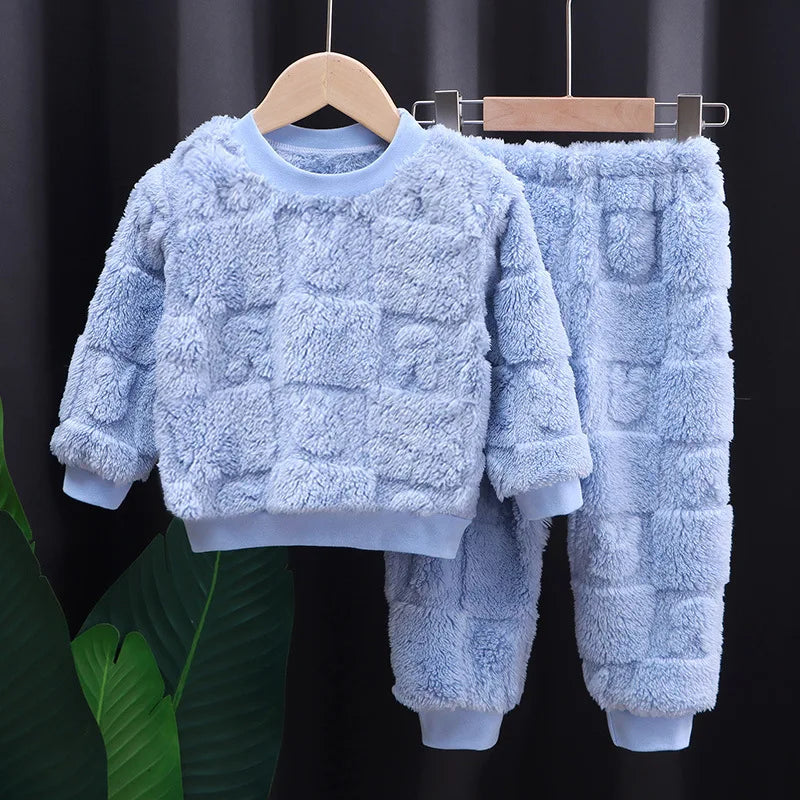 1Set Kids Warm Clothing Sets Winter Flannel Homewear Sets Children's Thermal Pajamas Boys Girls Thick Coral Velvet Two-piece Set