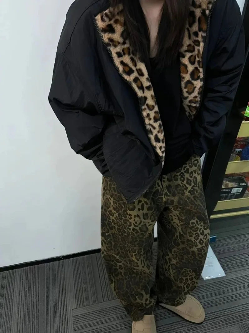 American Retro Harajuku Leopard Print Reversible Zipper Jacket Women Streetwear Trendy Casual Autumn and Winter Warm Plush Coat
