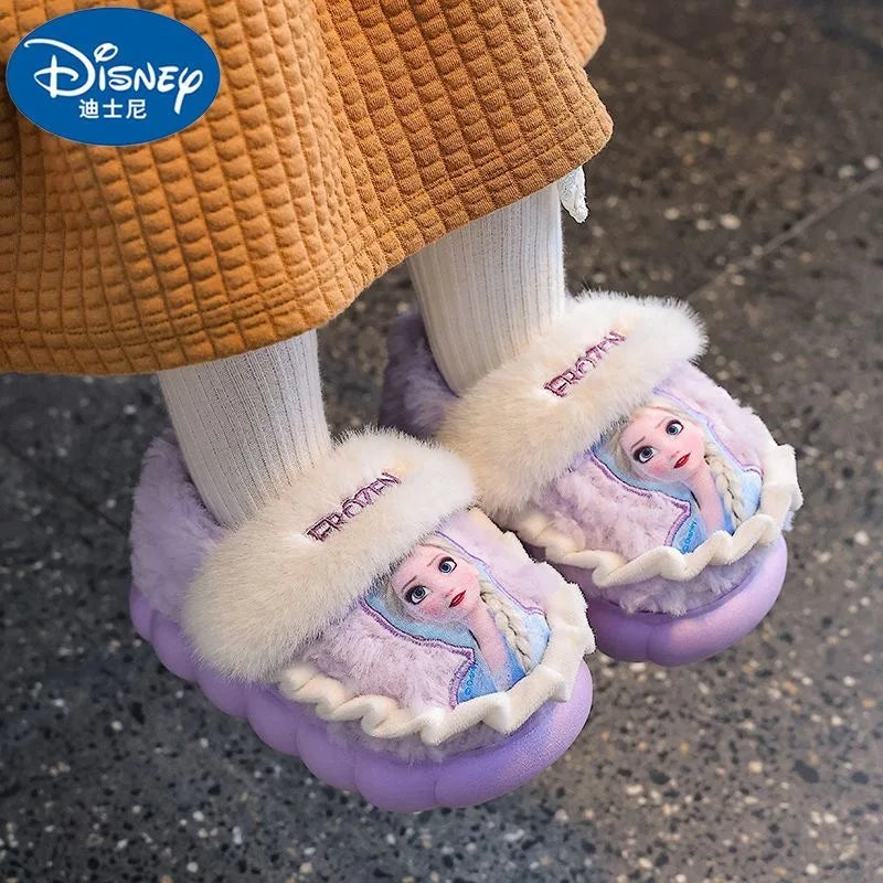 Disney Princess Elsa Winter Children's Cotton Home Slippers Frozen Girl's Snow Non Slip Warm Baby Slippers Pink Blue Size 24-36
