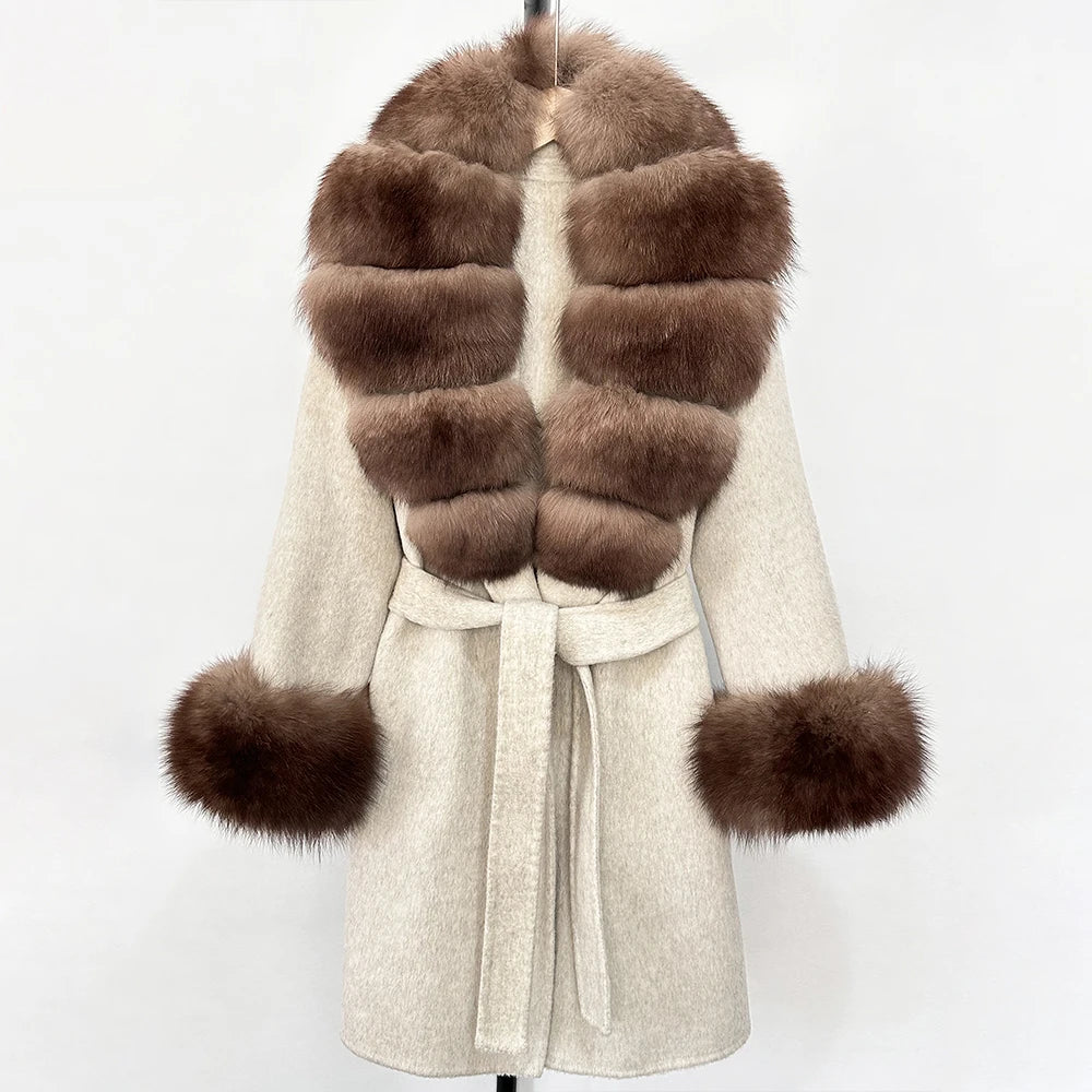 Elegant Woolen Jacket Autumn Winter Wool Coat Women Real Fox Fur Collar Single Breasted Wool Blends Jacket Natural Raccoon Fur