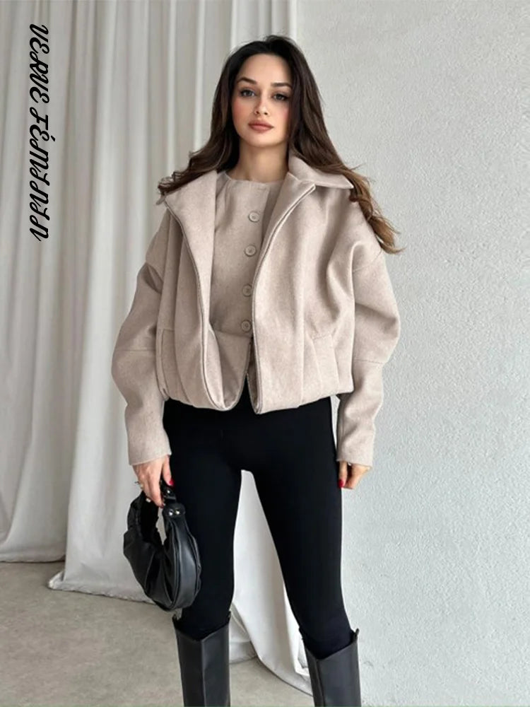Patchwork Reversible Vest Coats Women Luxury Faux Cashmere Lantern Sleeve Loose Bomber Jacket Autumn Winter Versatile Outerwears