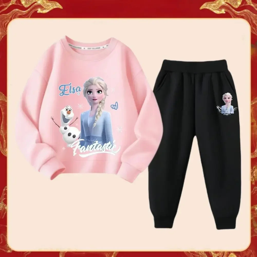 Disney Frozen Elsa Princess Girl's Fashion Cartoon Printed Tracksuits Spring Kid's Long Sleeve Sports Two-piece Suit Sweatshirt
