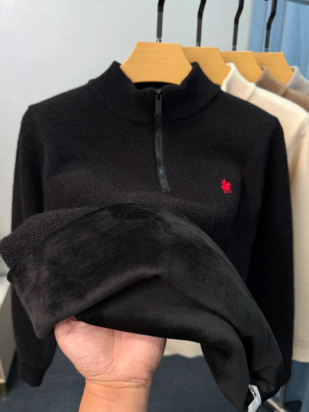 High end half zipper stand up collar knitted sweater men winter new thick warmth fashion designer brand pony embroidery pullover