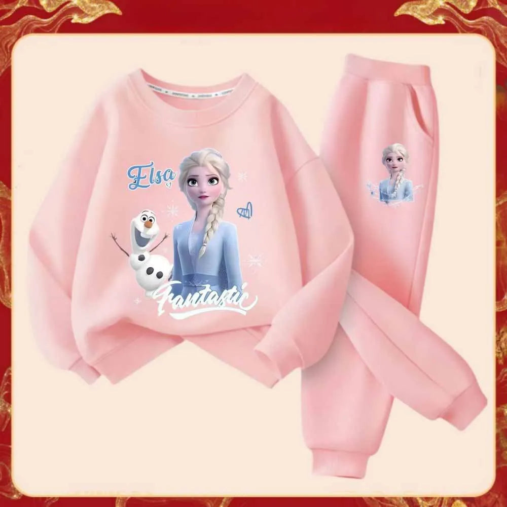 Disney Frozen Elsa Princess Girl's Fashion Cartoon Printed Tracksuits Spring Kid's Long Sleeve Sports Two-piece Suit Sweatshirt
