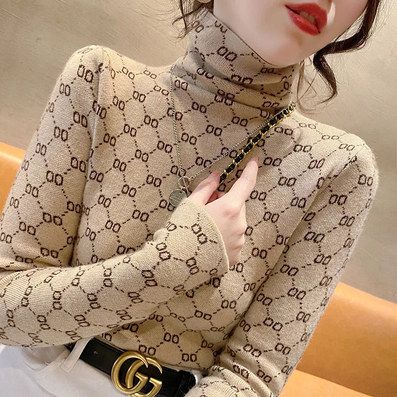 Autumn Winter New Vintage All-match Long Sleeve Half High Collar Sweaters Women Clothing Fashion Slim Geometric Knitted Pullover