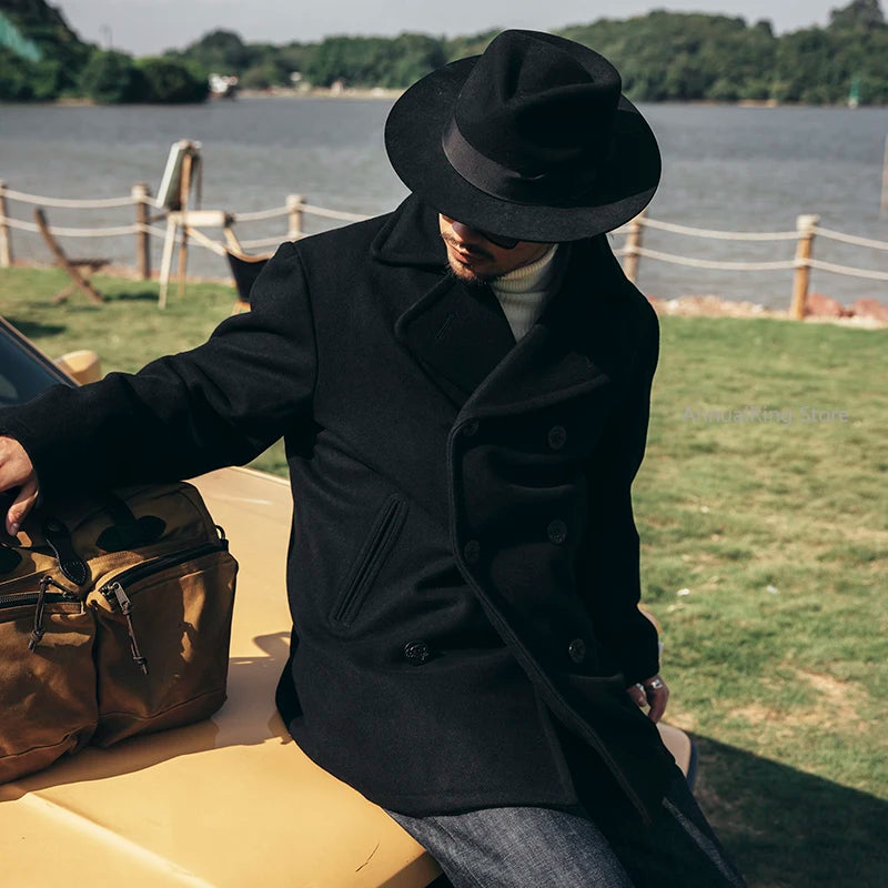 Red Tornado 740 Peacoat in Black Vintage Double-Breasted Mid-Length Wool Blend Overcoat for Men Warm Winter Jacket