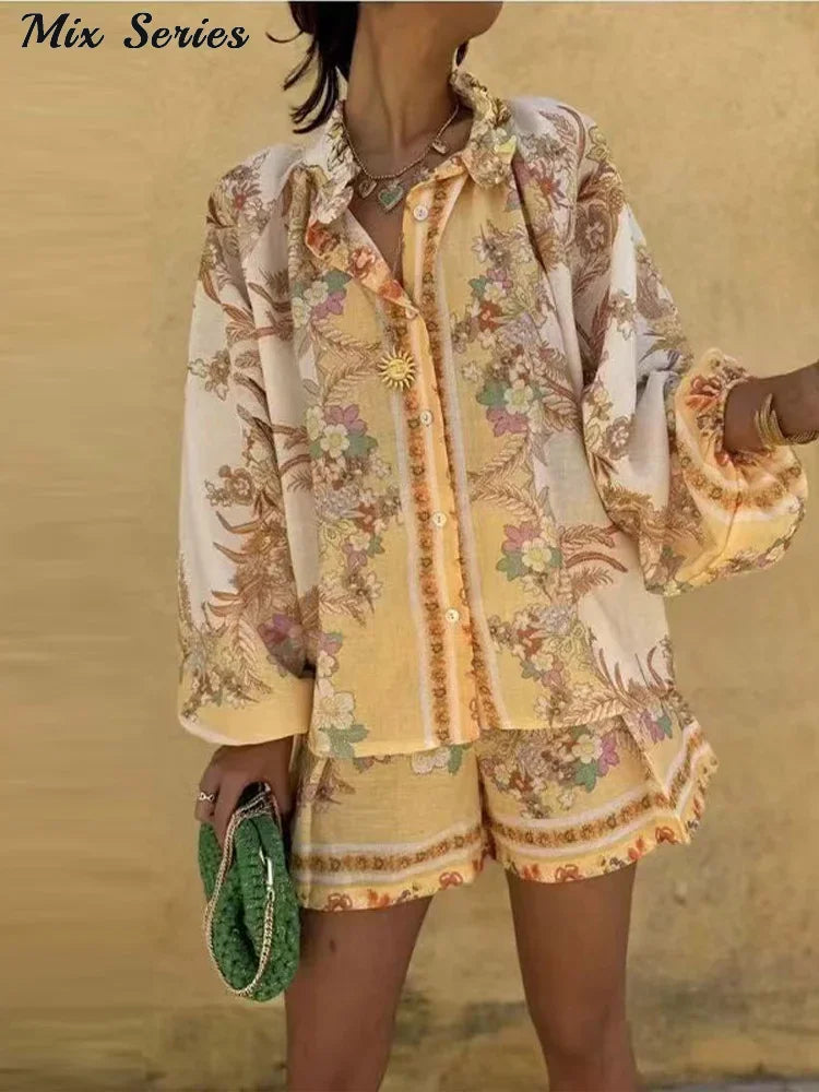 Casual Print Tops Shorts Sets Women's Loose Stand Collar Lantern Sleeve Top High Waist Short Pant 2025 Summer Lady Vacation Suit
