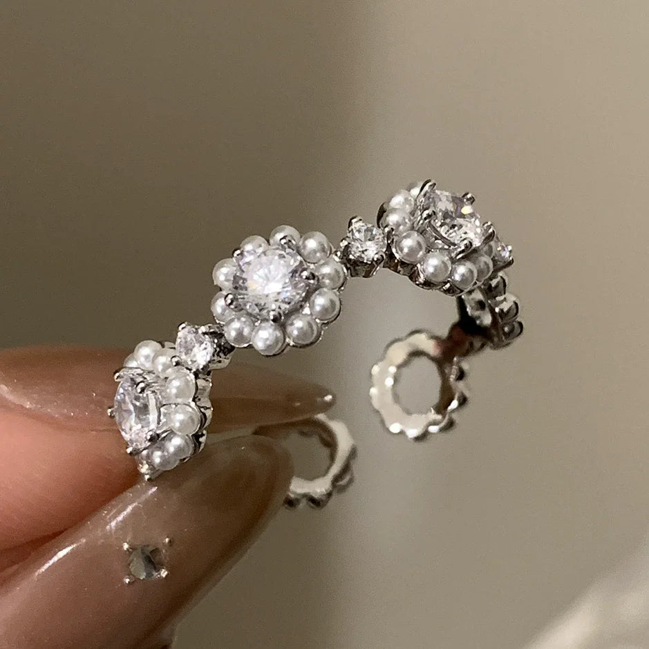 VENTFILLE 925 Sterling Silver Flower Lace Ring Korean Fashion Opening Inlaid CZ Adjustable Rings Valentine's Day Gift