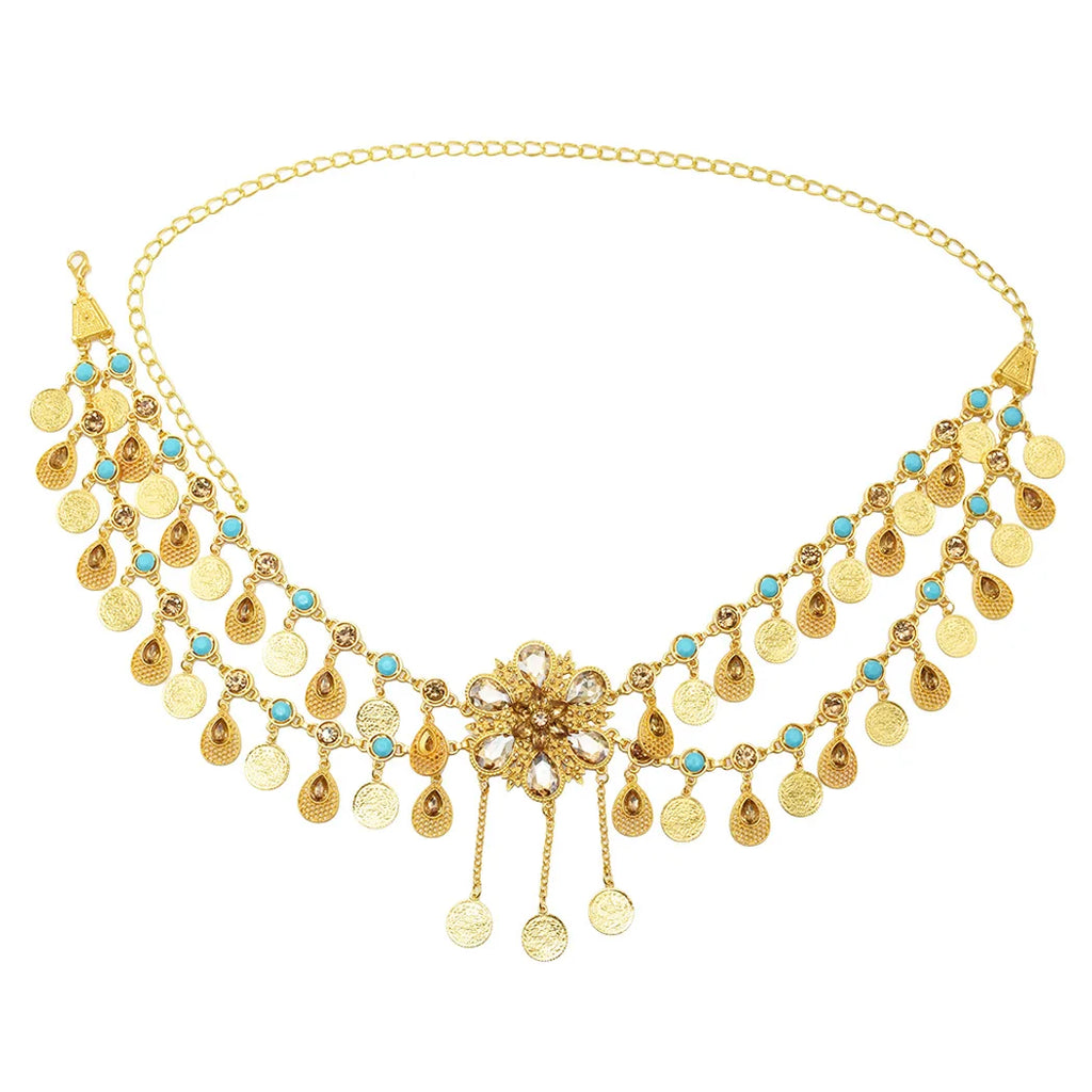 Indian Arab Metal Waist Chain Large French Coin Waist Belt Carved Flower Belly Chains Algeria Traditional Holiday Party Jewelry