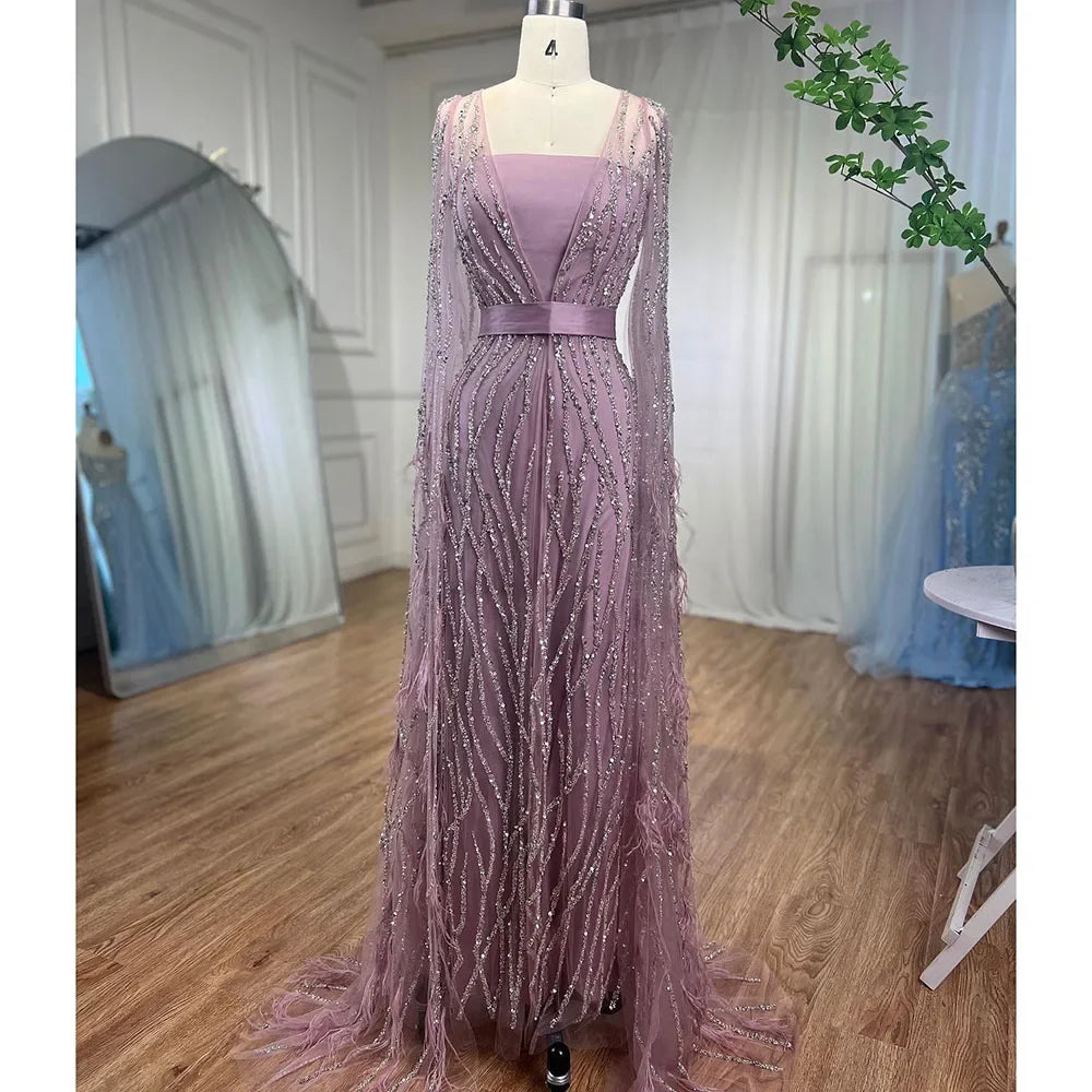 Serene Hill Blue Mermaid Elegant Feathers Cape Sleeves Square Beaded Luxury Evening Dresses Gowns Customized 2025 GLA71748