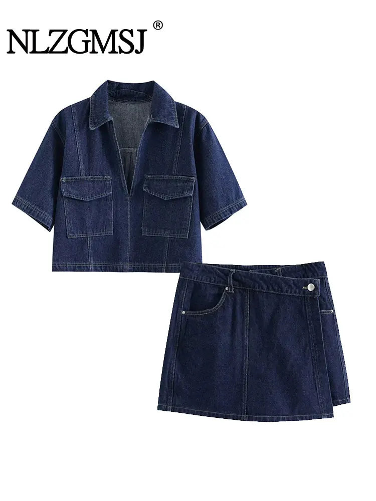 2025 Women's Fashion Flip Pocket Decoration Short Flip Collar Slim fit denim Top + Asymmetric Denim Skirt 2 Piece Set
