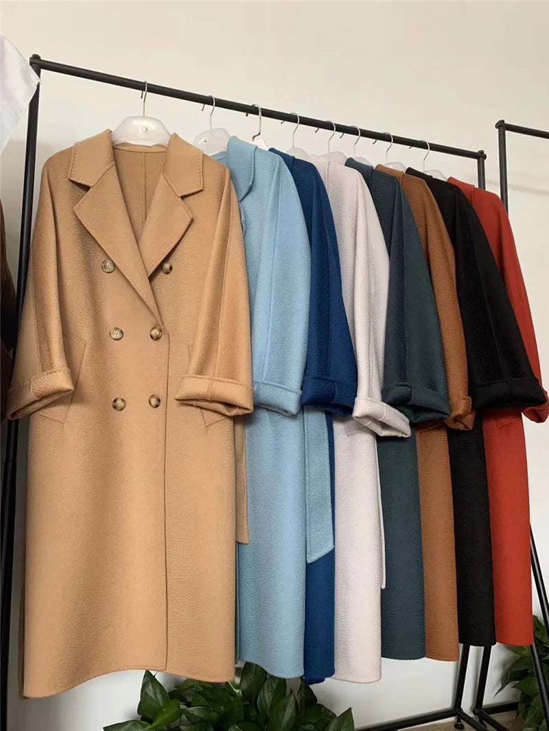 Wool Blends Autumn and Winter Luxury 2023 New Double-sided Cashmere Overcoat Women's Long Length High-end Lapel Coats with Belt