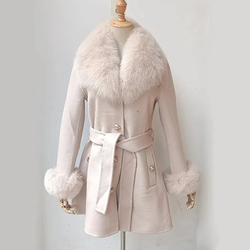 2023 Winter Real Fox Fur Coat Women Wool Jacket With Natural Fox Fur Collar Slim Female Woolen Cashmere Outwear