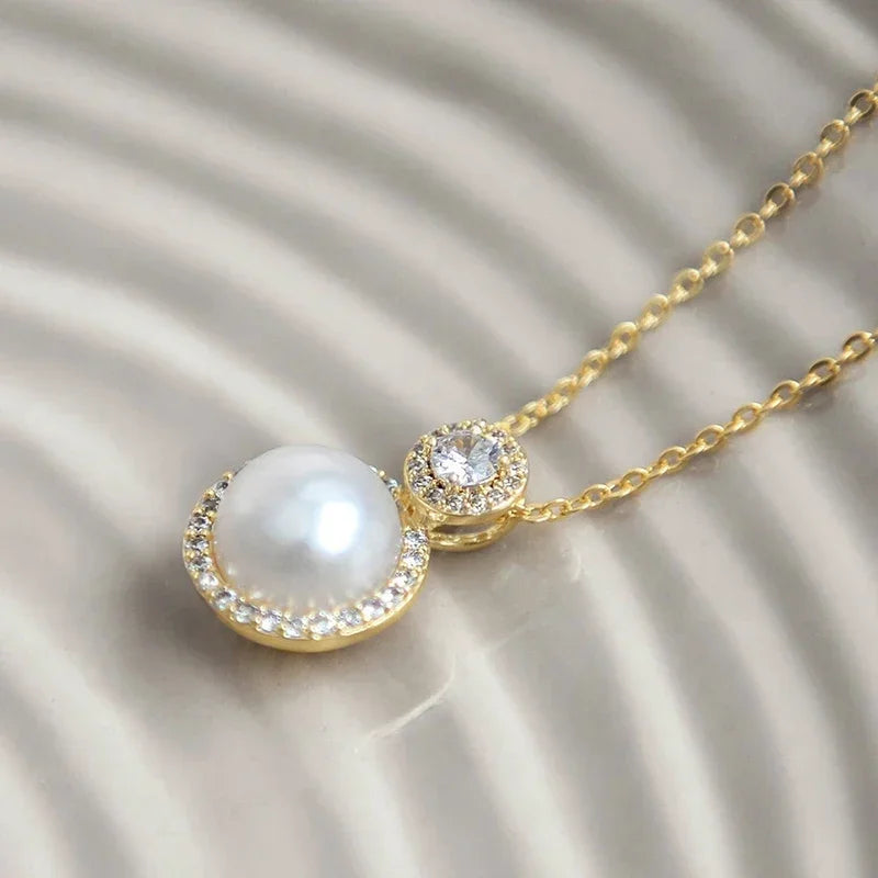 Huitan Aesthetic Imitation Pearl Pendant Necklace with Shiny CZ Trendy Graceful Accessories for Women Chic Engagement Jewelry