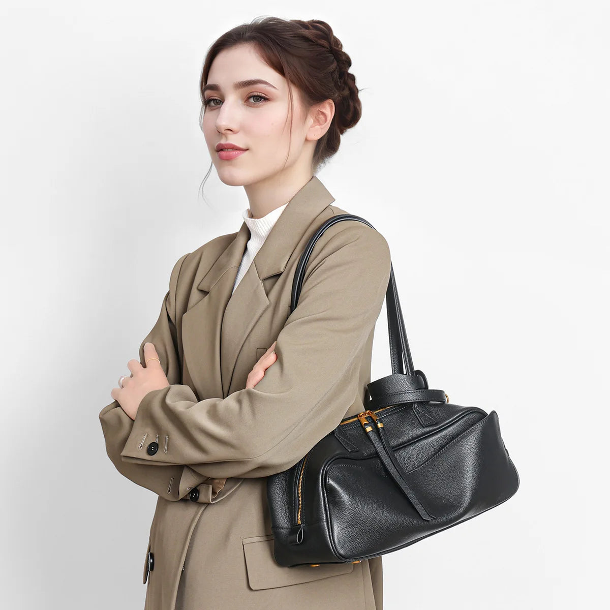 Niche Matte Cowhide Bowling New Commuter Large Capacity Boston Genuine Leather Handbag Shoulder Bag For Women Top-handle Bags