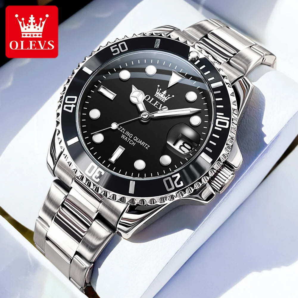 OLEVS 5885 Men's Watches Business Stainless Steel Strap Green Quartz Watch Waterproof Calendar Luminous High Quality Wristwatch