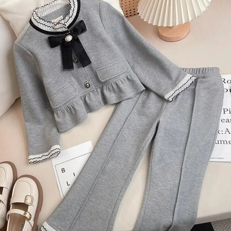 Bow Top and Bell-bottom Pants Coat Autumn Winter Suit for Girls Girls' Clothes Set Fashion Children's Clothing Girl Setup Outfit