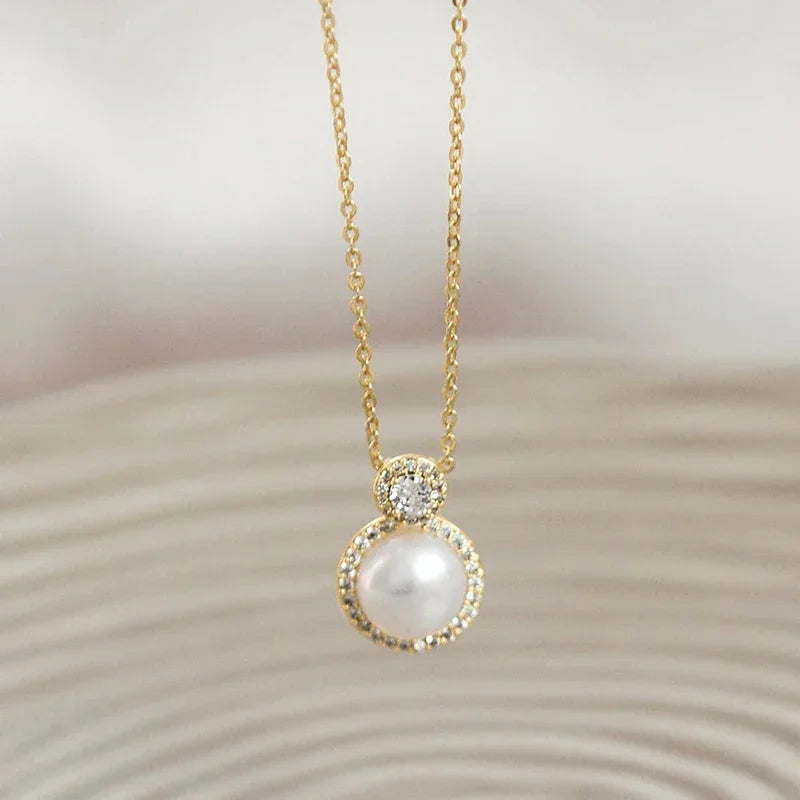 Huitan Aesthetic Imitation Pearl Pendant Necklace with Shiny CZ Trendy Graceful Accessories for Women Chic Engagement Jewelry