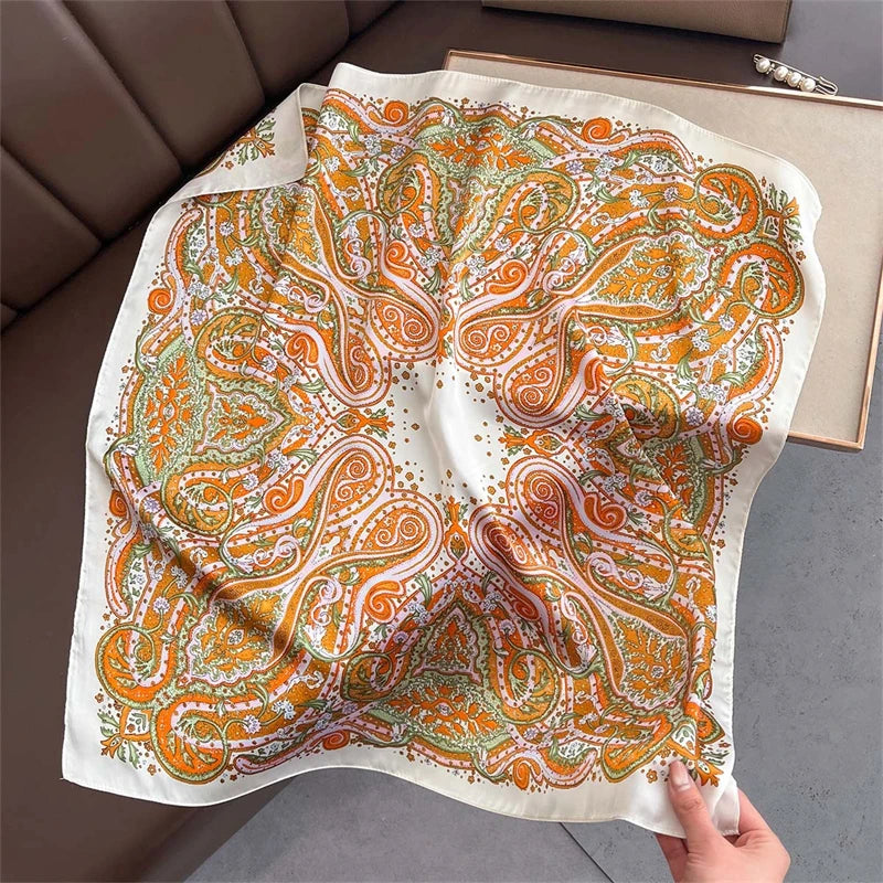 70cm Square Lemon Print Yellow Square Silk Scarf Casual Elegant Thin Breathable Neck Women Windproof Head Wrap Hair Scarves