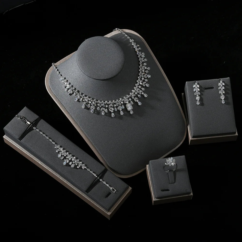 4pcs Bridal Jewelry Sets For Wedding Zirconia CZ Saudi Dubai Indian Necklace Earring Bracelet Set For Women Party Prom Jewelley