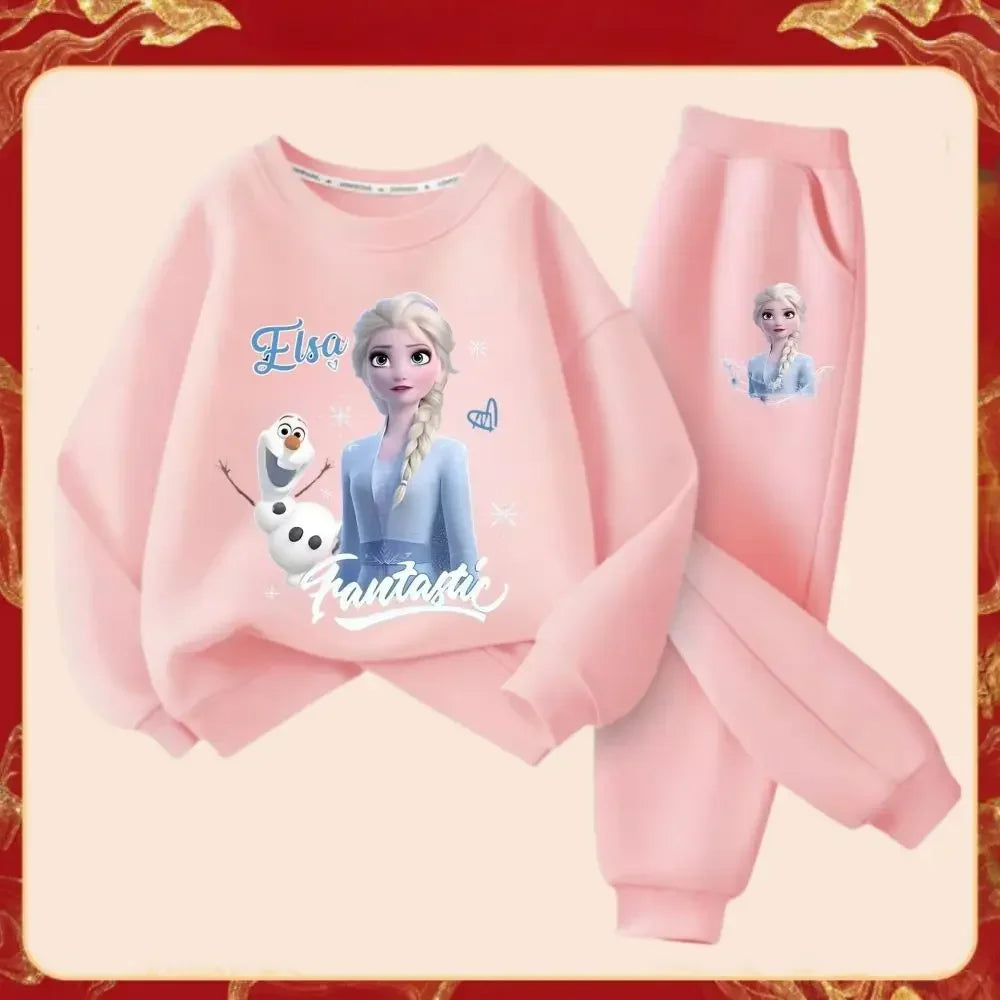 Disney Frozen Elsa Princess Girl's Fashion Cartoon Printed Tracksuits Spring Kid's Long Sleeve Sports Two-piece Suit Sweatshirt