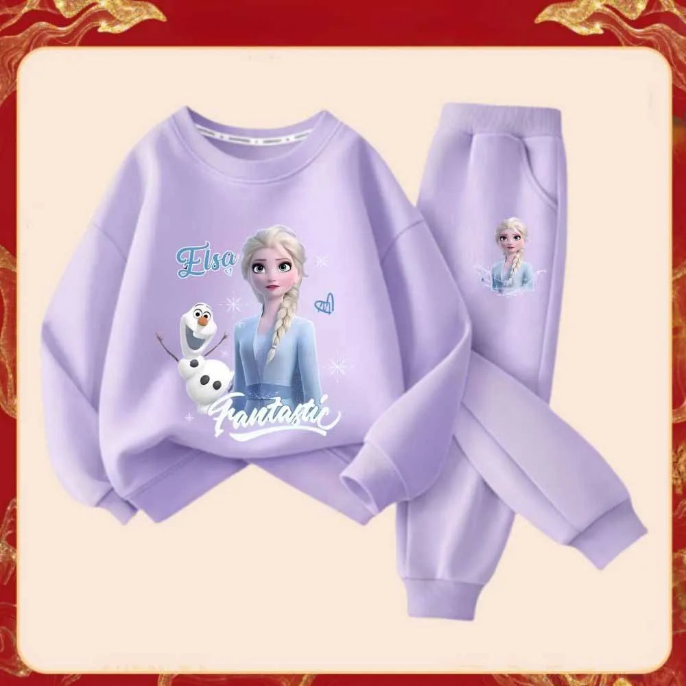 Disney Frozen Elsa Princess Girl's Fashion Cartoon Printed Tracksuits Spring Kid's Long Sleeve Sports Two-piece Suit Sweatshirt