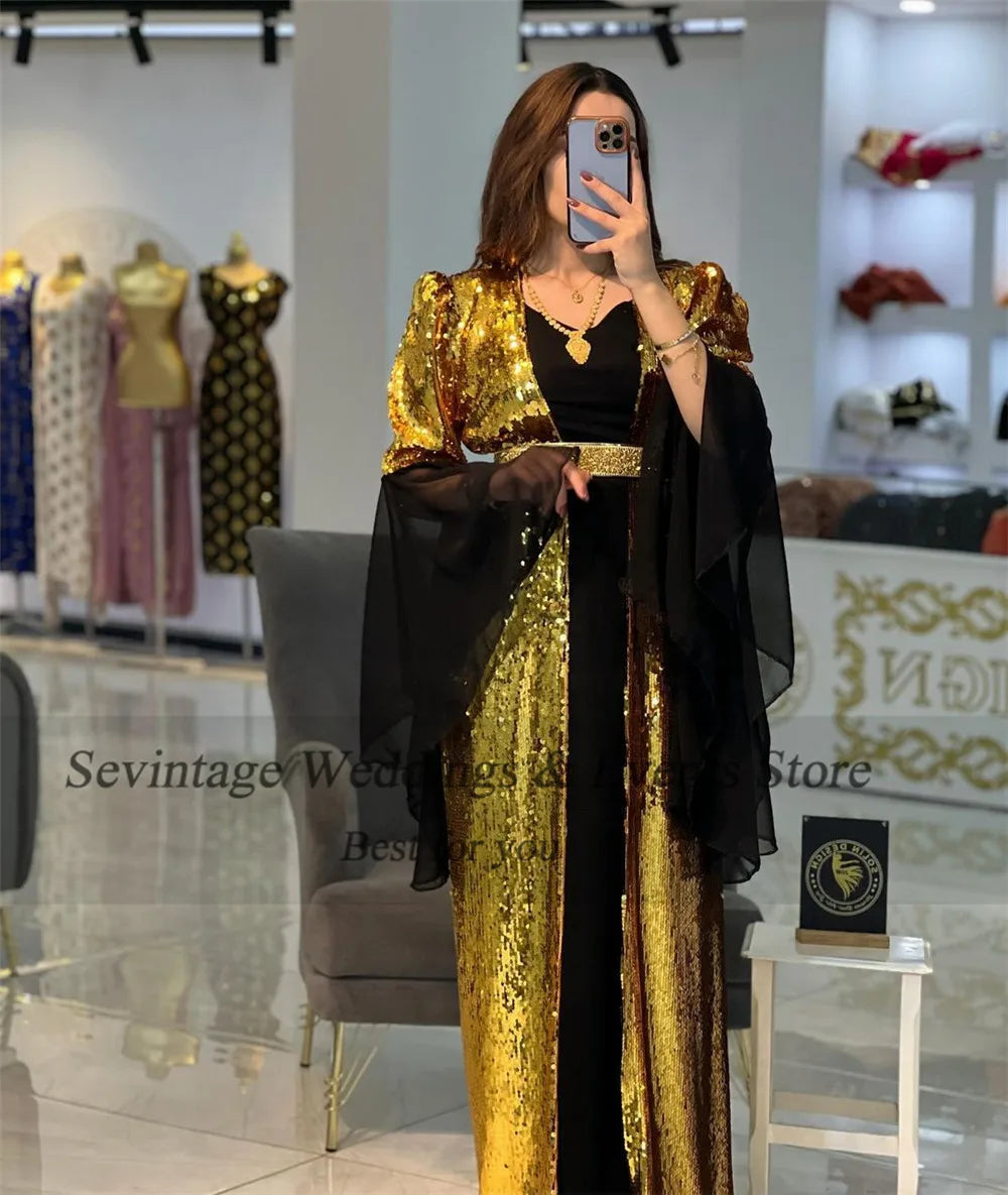 Customized Luxury Black Gold Mermaid Evening Dress V-Neck Long Flare Sleeves Sequin Prom Gown Belt Floor Length Algerian Outfit