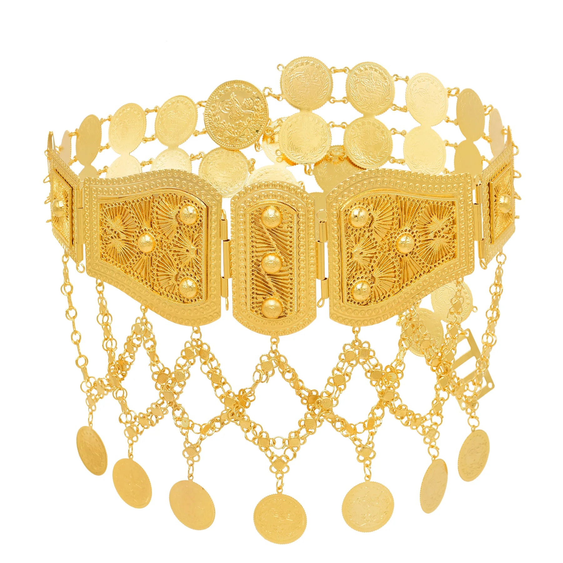 Indian Arab Metal Waist Chain Large French Coin Waist Belt Carved Flower Belly Chains Algeria Traditional Holiday Party Jewelry