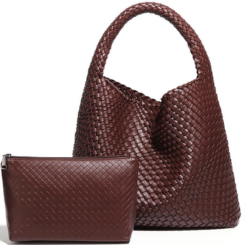 Woven Tote Bag for Women Large Woven Handbag Soft Leather Shoulder Bag Work Shopper Summer Beach Travel Tote Bag with Purse