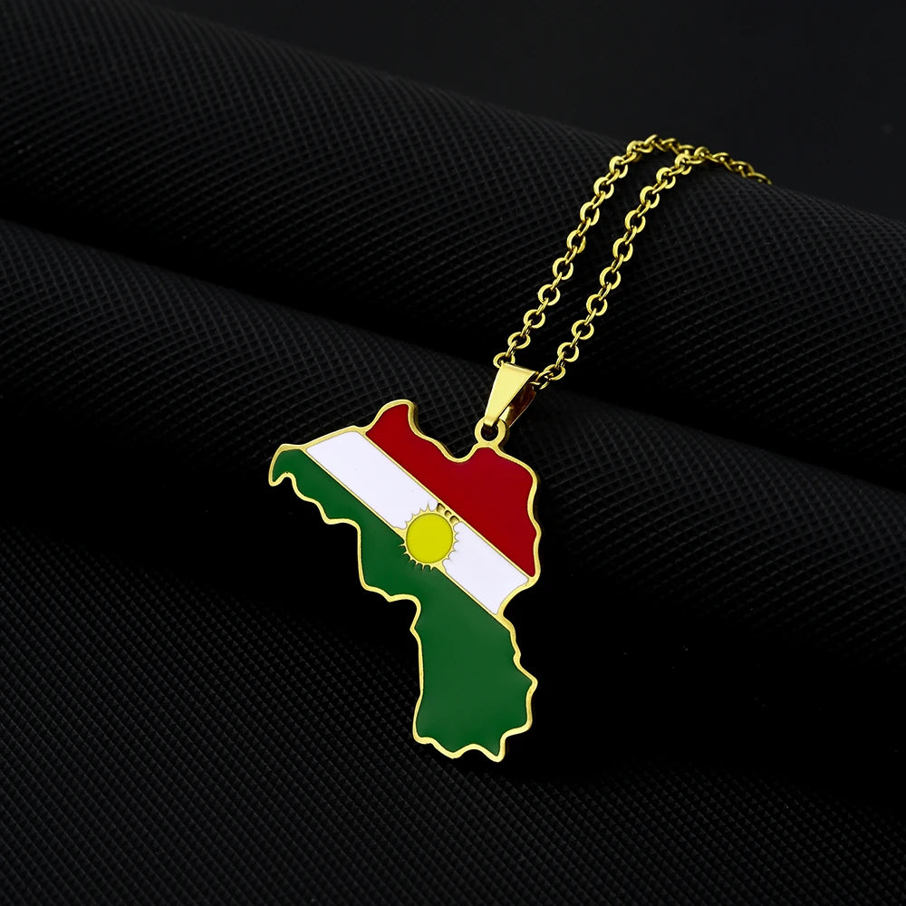 Kurdistan Map Flag Pendant Necklace Stainless Steel Gold Silver Color Men Women Country Map Jewelry Gift