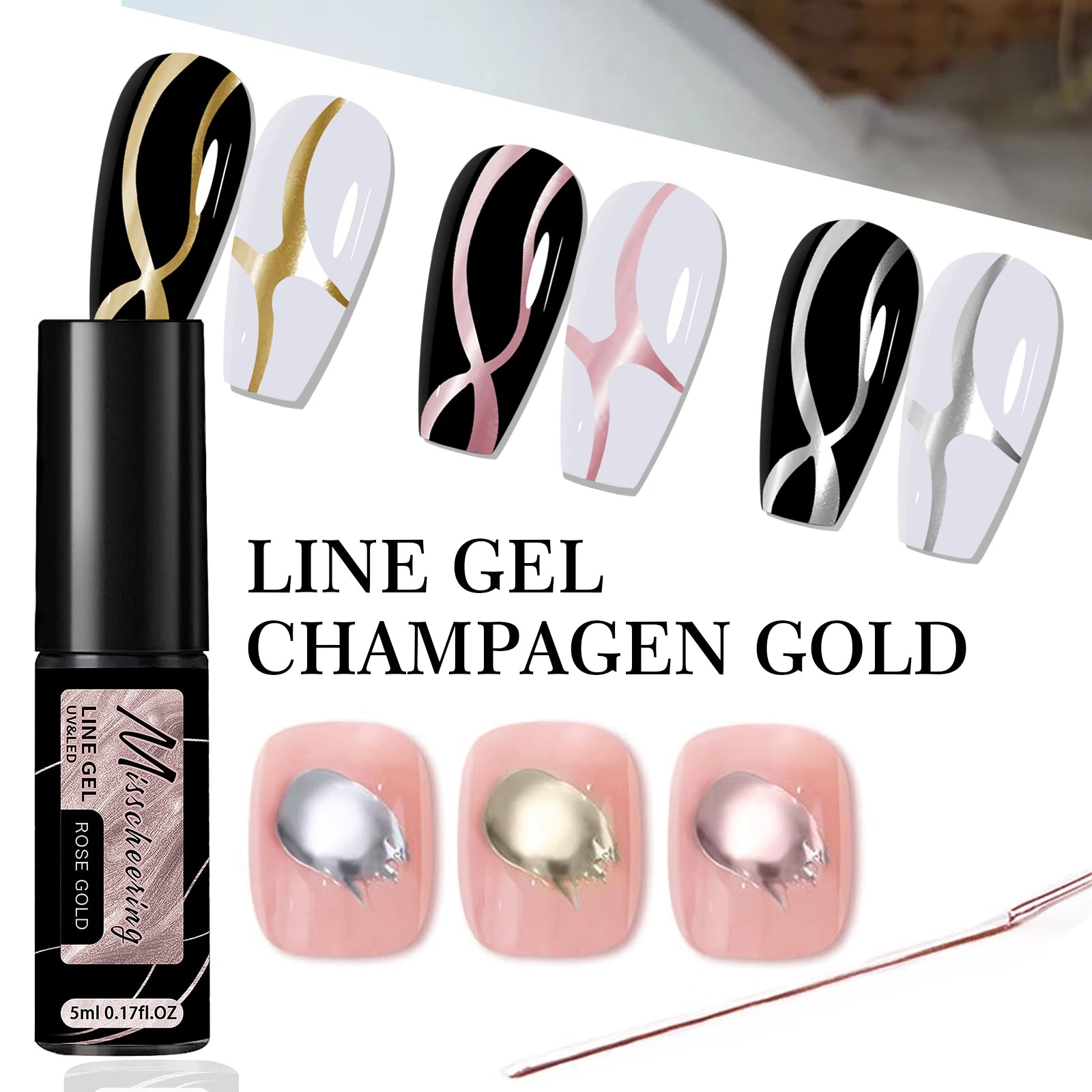 Gold Silver Metallic Liner Paint Gel Nail Polish Chrome Mirror Metal Effect Super Bright French UV LED Semi Permanent Nail Gel
