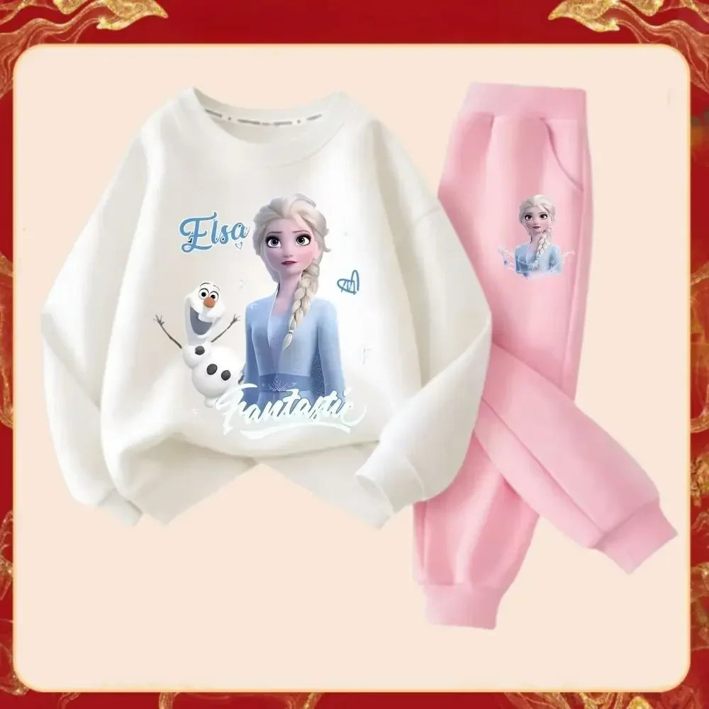 Disney Frozen Elsa Princess Girl's Fashion Cartoon Printed Tracksuits Spring Kid's Long Sleeve Sports Two-piece Suit Sweatshirt