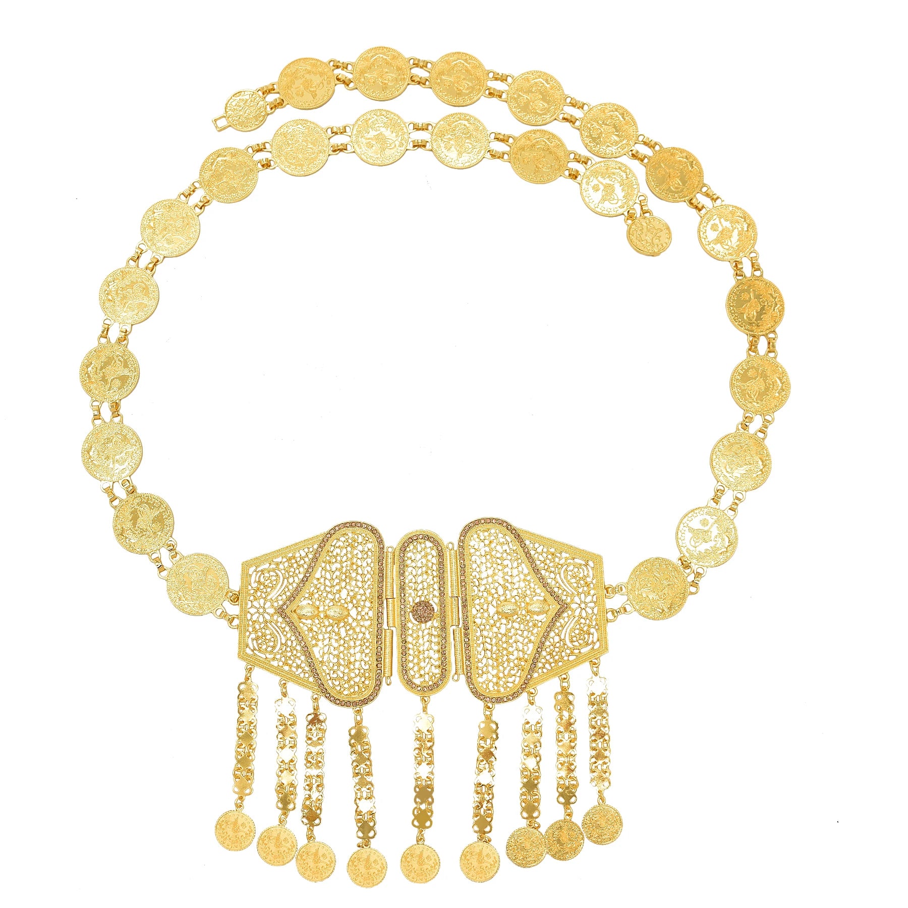 Golden Metal Coin Long Chain Belts for Women India Belly Dance Morocan Afghan Turkish Kurdistan National Dress Waistband Jewelry