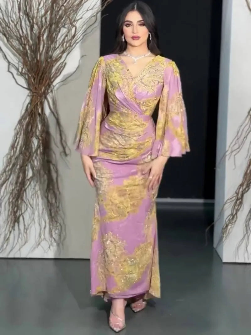 Women Chiffon Sexy Dress Big Swing Print Banquet Long Sleeve V-neck Slim Lady Elegant Cocktail Party Empire New Clothing