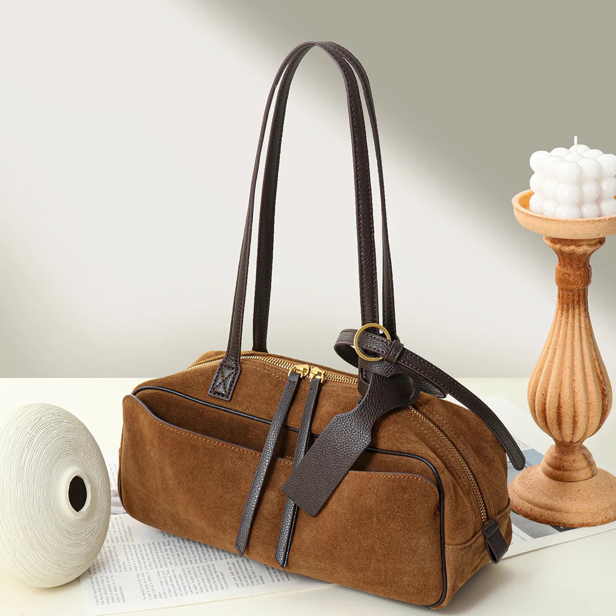 Niche Matte Cowhide Bowling New Commuter Large Capacity Boston Genuine Leather Handbag Shoulder Bag For Women Top-handle Bags