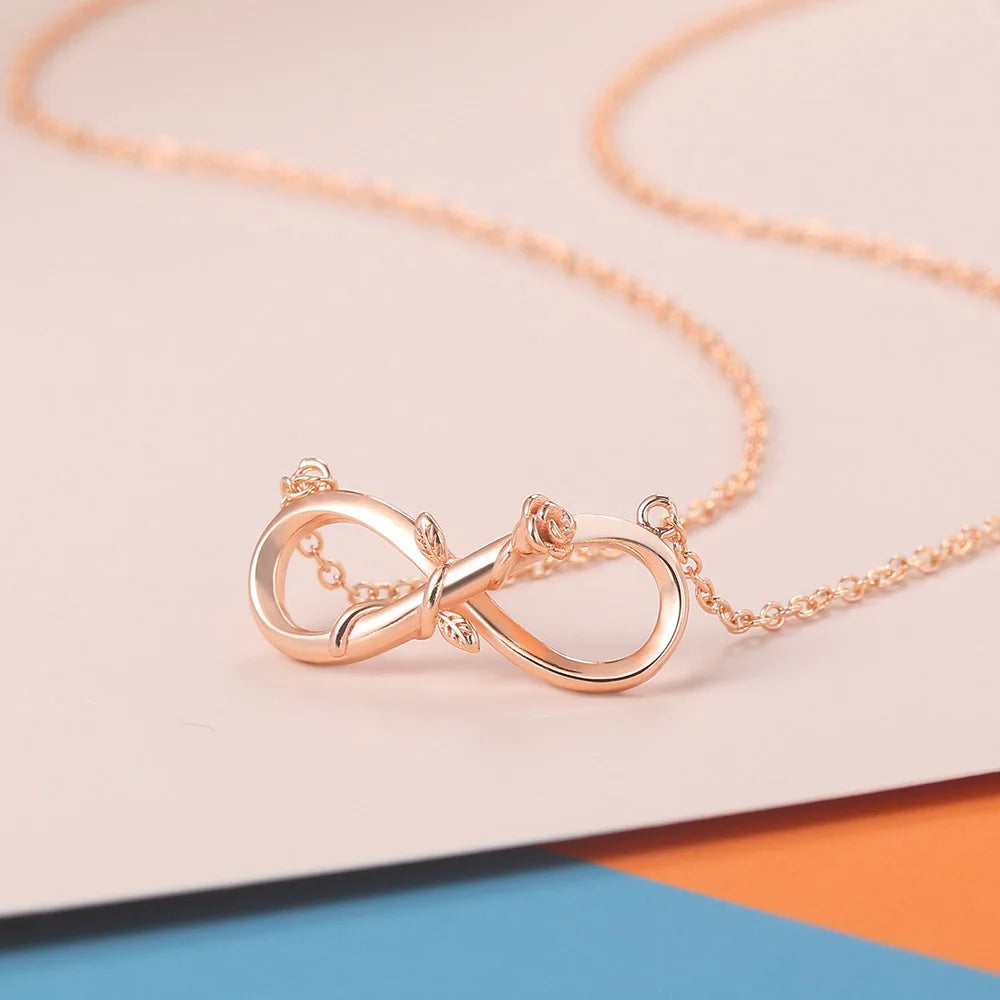 Infinite Mobius Rose Charm Pendant Necklaces For Women Christmas Gift Rose Gold  Color Plated Heart Flower Chain Jewelry N244