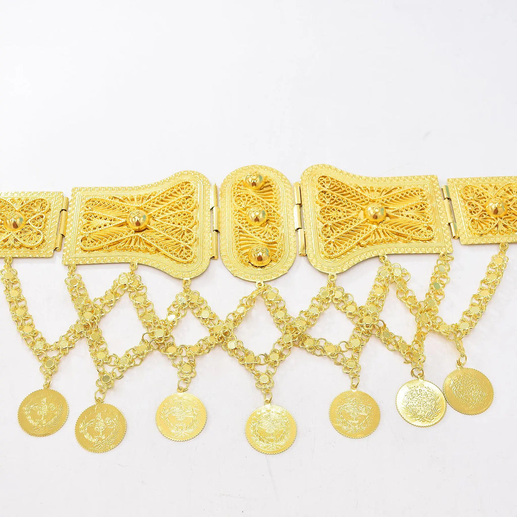 Indian Arab Metal Waist Chain Large French Coin Waist Belt Carved Flower Belly Chains Algeria Traditional Holiday Party Jewelry