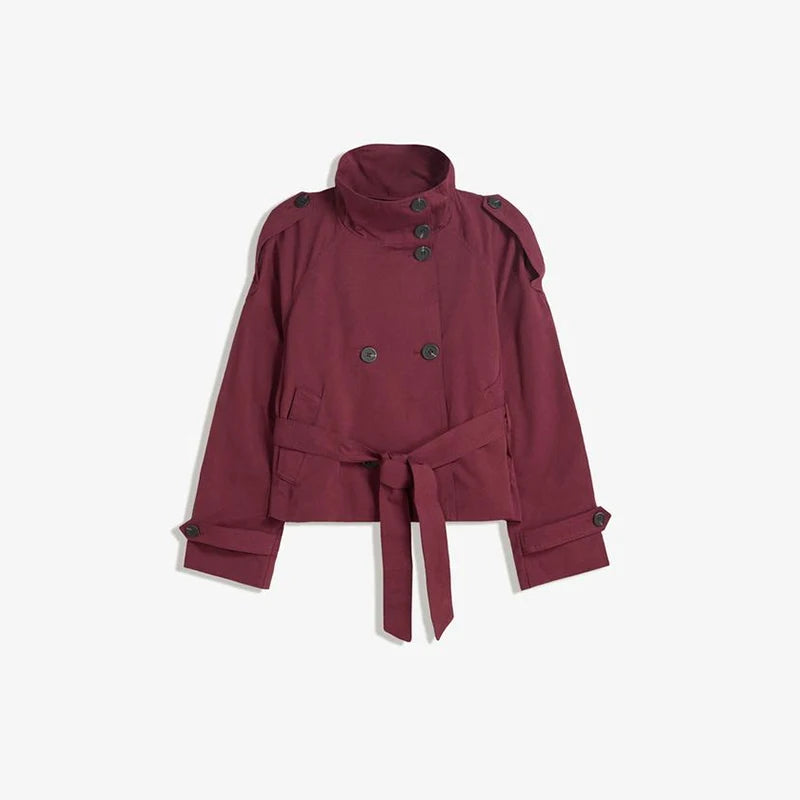 Women's Chic Stand Collar Double-breasted Belted Waist Cropped Trench Coat Shoulder Epaulets 2025 Autumn Casual Street Outerwear