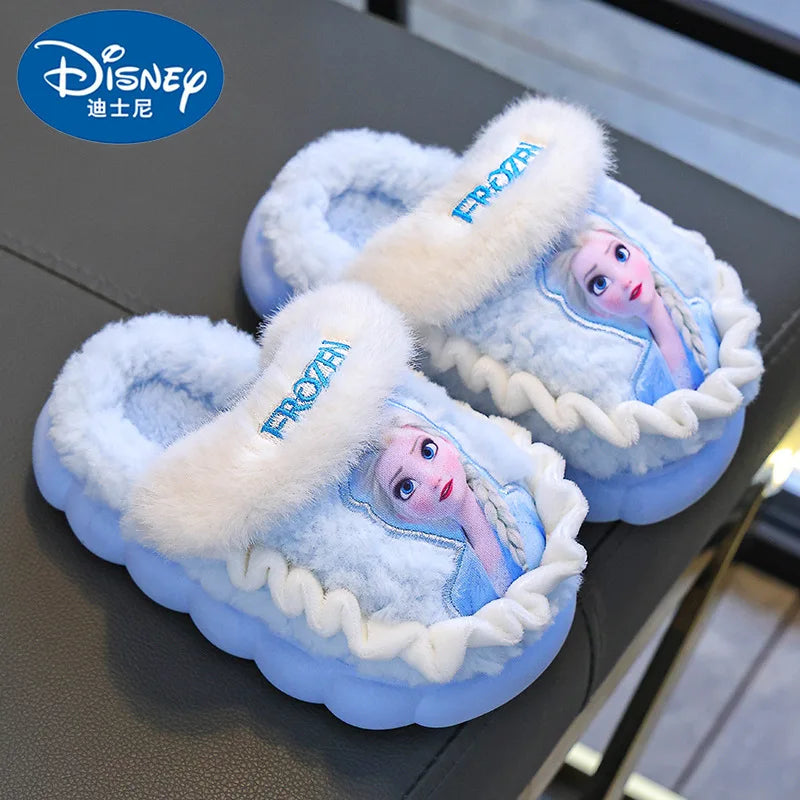 Disney Princess Elsa Winter Children's Cotton Home Slippers Frozen Girl's Snow Non Slip Warm Baby Slippers Pink Blue Size 24-36