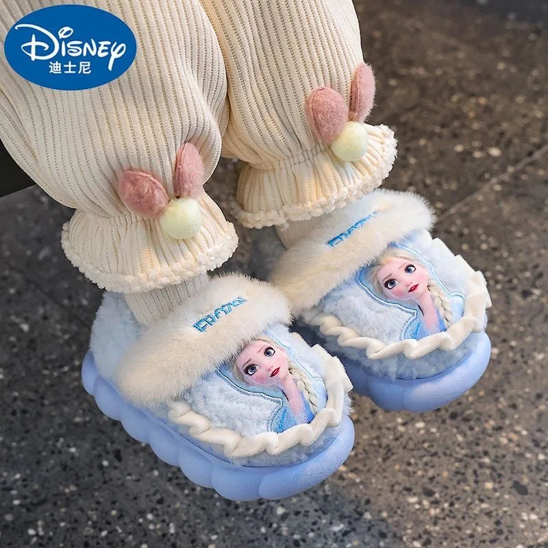 Disney Princess Elsa Winter Children's Cotton Home Slippers Frozen Girl's Snow Non Slip Warm Baby Slippers Pink Blue Size 24-36