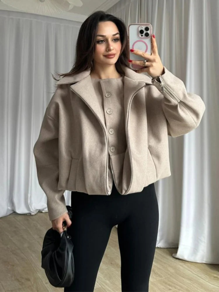 Patchwork Reversible Vest Coats Women Luxury Faux Cashmere Lantern Sleeve Loose Bomber Jacket Autumn Winter Versatile Outerwears
