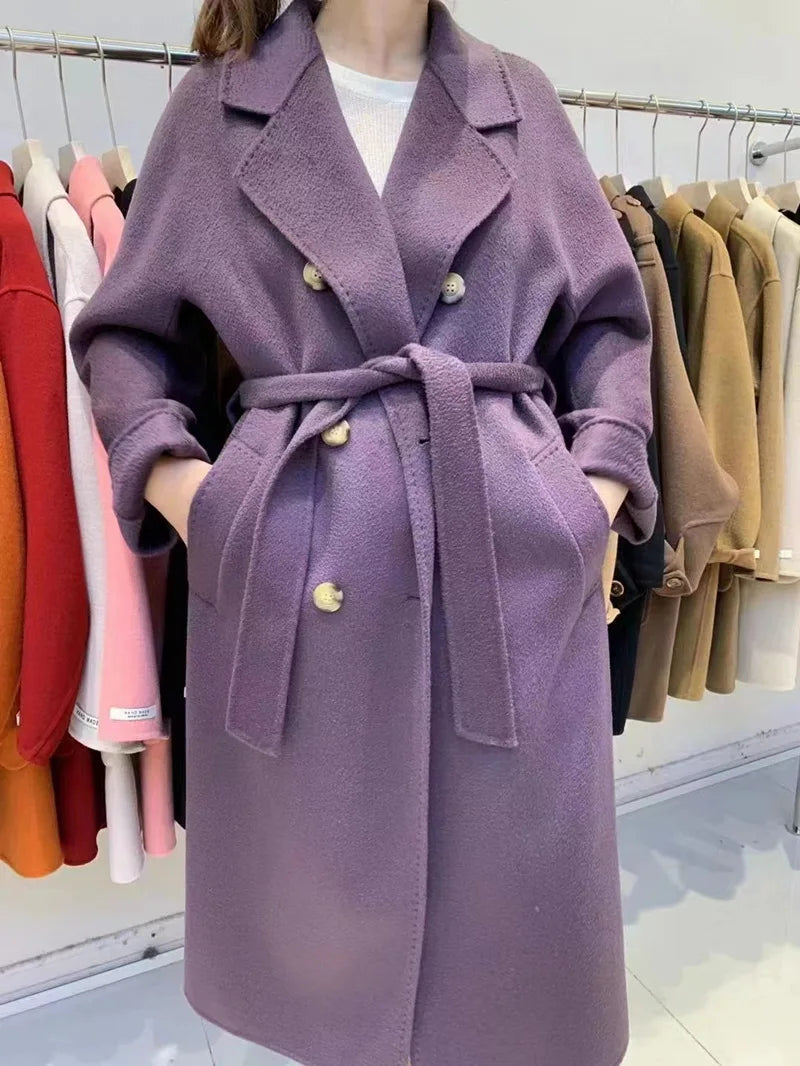 Wool Blends Autumn and Winter Luxury 2023 New Double-sided Cashmere Overcoat Women's Long Length High-end Lapel Coats with Belt