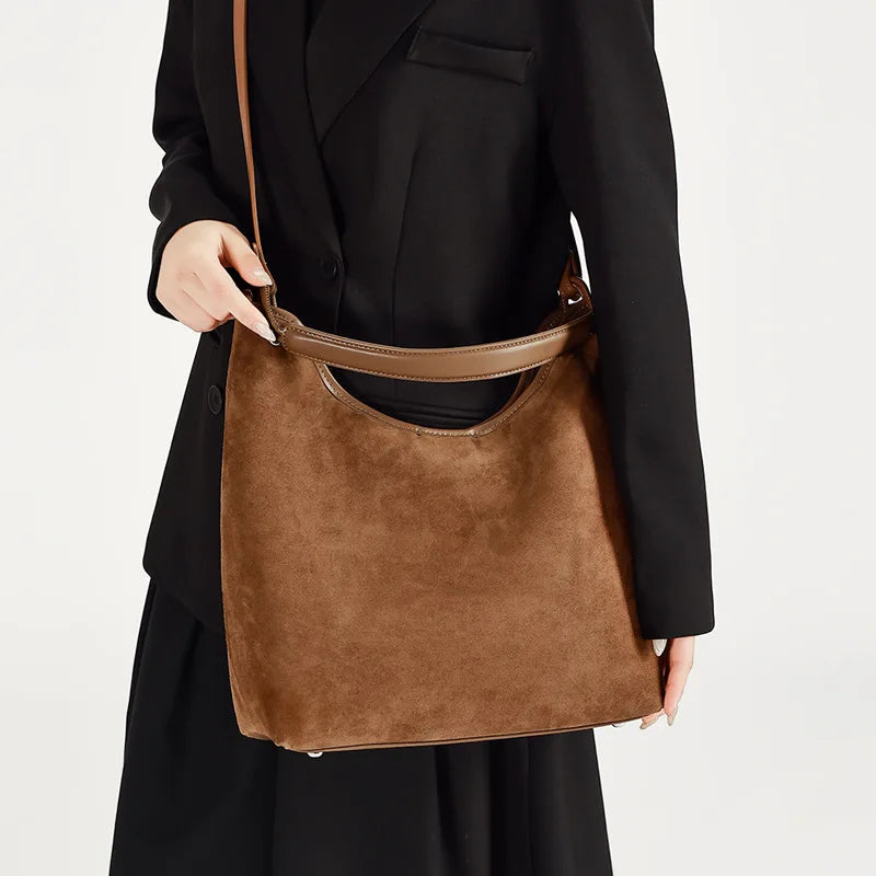 Women's Premium Suede Leather Shoulder Bag New Autumn/Winter Retro Crossbody Tote, Large Capacity Commuter Handbag for Office