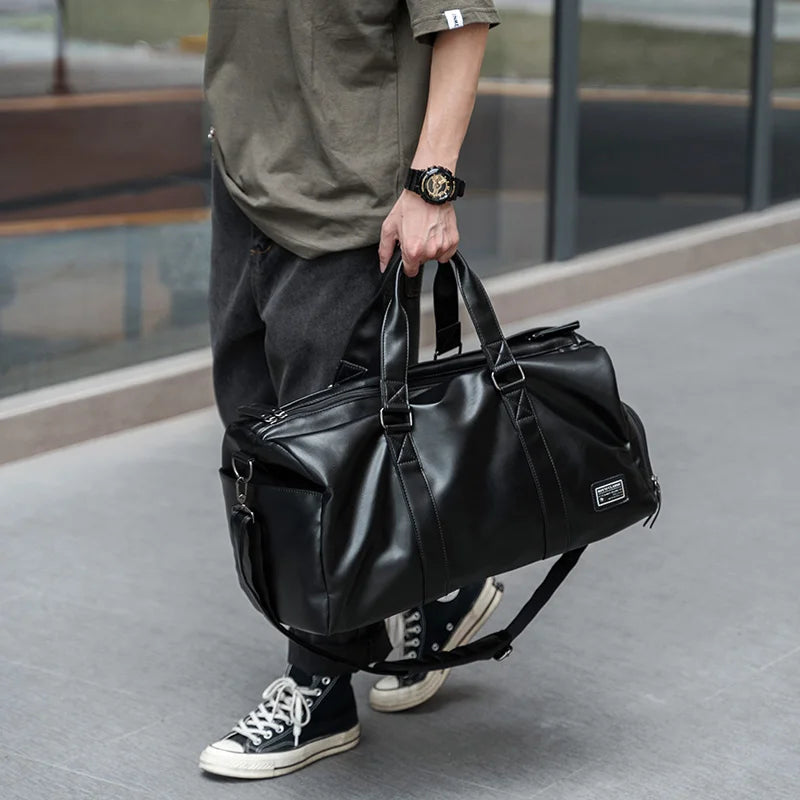 Leather Travel Duffel Bag for Men Women, Vintage Waterproof Bag with Shoe Pouch, Overnight Gym Sports Carry-On Weekend Tote Bag