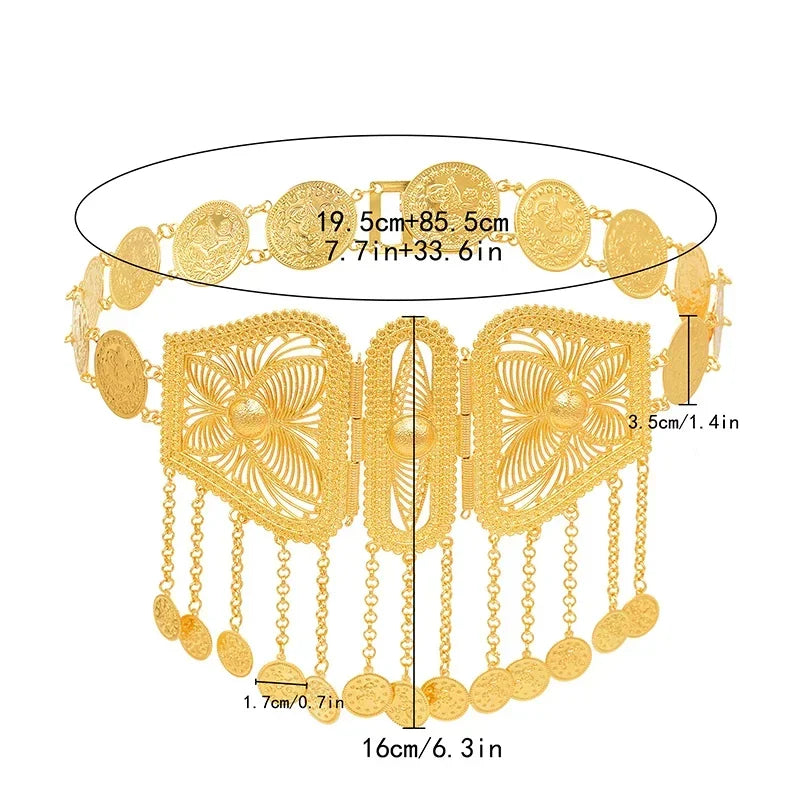 Oman Kurdistan Women Body Chain Coin Tassel Waist Chain Middle East Bridal Jewelry Turkey Coin Gold Plated Belt Free Shipping